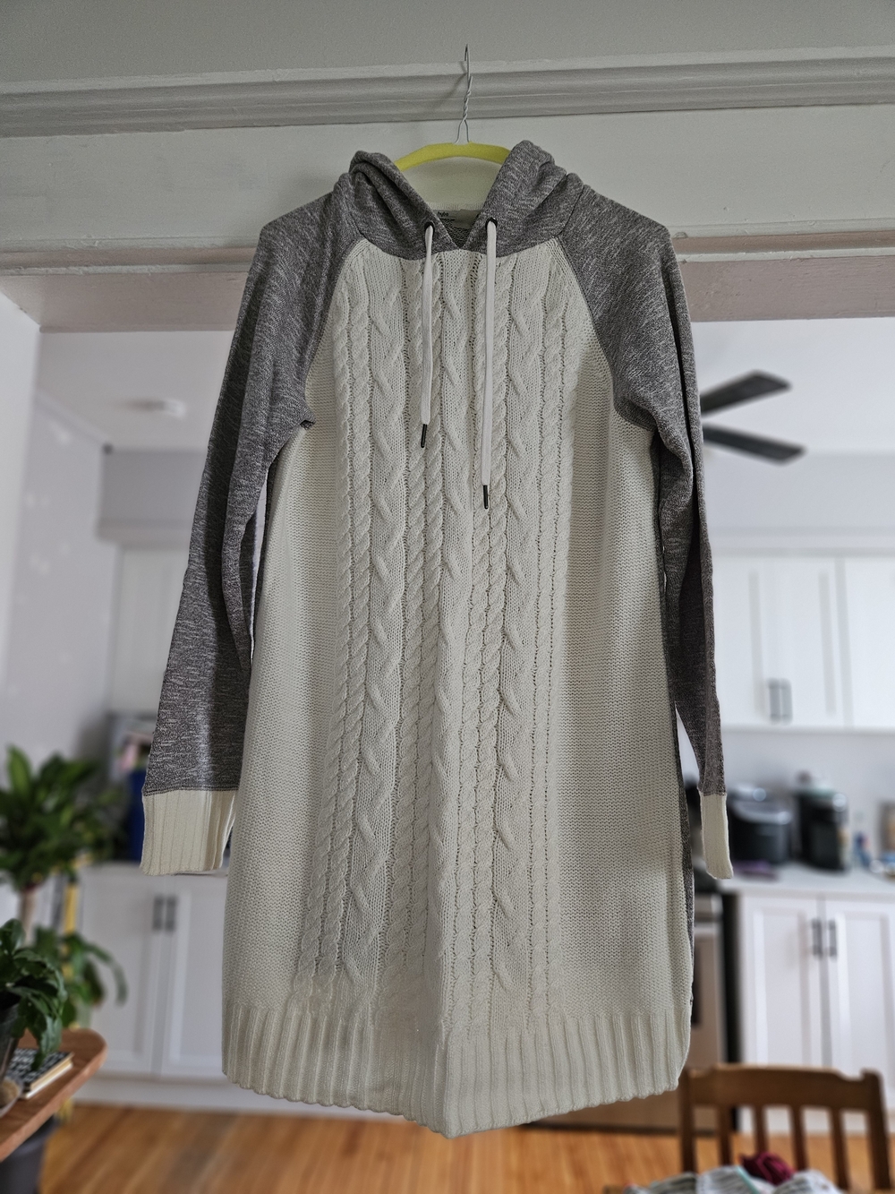 Cable-Knit Hooded Sweater Dress - Cream & Gray